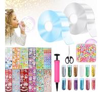 FFTANXS Nano tape,Nano tape bubble,Double face transparent,Bubble diy craft kit convient aux garçons, aux filles,Ruban à bulles ont paillettes,autocollant(Transparent&bleu)