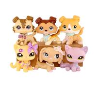 FFTYAOPB 6PCS Mini Pet Shop Figurines Jouets Set, Collie Green Eyes Paw Up Dachshund Shorthair Cat Flower Print Collectible Animal Figure Bobble Head Jouets