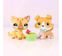 FFTYAOPB Mini Pet Shop 2PCS Figurines d'animaux de Dessins animés,Collie # 272 Chat à Cheveux Courts # 886 avec des Accessoires d'écharpe de Bol, pour Halloween,Noël,Anniversaire et Plus festifs