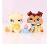 FFTYAOPB Mini Pet Shop 2PCS Figurines d'animaux de Dessins animés, Collie #58 Persian Cat 763 avec Accessoires de Tasse de Glace de Collier Bow, pour Halloween, Noël, Anniversaire et Plus festifs