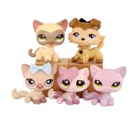 FFTYAOPB Mini Pet Shop Ensemble de 5 mini animaux de compagnie, Collie #893 Chat siamois #1116 assis à poil court #1994#664 Tabby #1660 avec collier et accessoires à faire soi-même