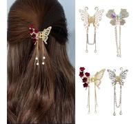 FFWTPY 4 Pièces Pince à Cheveux Papillon en Perles et Strass pour Femme Accessoire Élégant avec Chaîne Pendante Mini Barrette Décorative pour Filles et Femmes