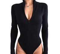 FFWTPY Body Femme Sexy Manche Longue Bodysuit à Col Haut Combishort Top Playsuit avec Fermeture Éclair Slim Jumpsuit Moulant Top Noir Élégante Combinaison Lingerie Clubwear