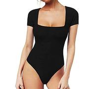 FFWTPY Body Manche Courte Femme Bodysuit Carré Col Moulant Shapewear Élégant Bodys pour Quotidien Top Basique Confortable String Extensible Sculptant