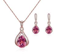 FFWTPY Ensemble Goutte Cristal Bleu Collier Boucles Oreilles Bijoux Femme Élégant Plaqué Or Rose