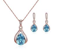FFWTPY Ensemble Goutte Cristal Bleu Collier Boucles Oreilles Bijoux Femme Élégant Plaqué Or Rose