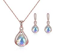 FFWTPY Ensemble Goutte Cristal Bleu Collier Boucles Oreilles Bijoux Femme Élégant Plaqué Or Rose