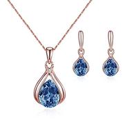 FFWTPY Ensemble Goutte Cristal Bleu Collier Boucles Oreilles Bijoux Femme Élégant Plaqué Or Rose