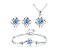 FFWTPY Femme Mariage Parure de Bijoux Argent Trèfle à Quatre Feuilles Pendentif Collier Boucles d'oreilles Bracelet Ensemble avec Cristal Ensemble de bijoux Zirocon Cubique pour Filles Mariée (Bleu)