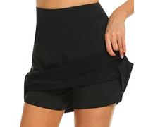 FFWTPY Jupe Short Femme de Tennis 2 en 1 Jupes Solide Été Mini Skorts Elastique Taille Haute avec Short Intérieur et Poche pour Yoga Gym Dance Running (Noir/L)
