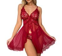 FFWTPY Lingerie Sexy Nuisette Femme Décolleté V Chemise de Nuit Tulle Ensemble de Lingerie en Dentelle Bretelles Reglables Babydoll avec G-String Robe de Nuit Femmes