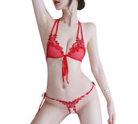 FFWTPY Lingerie Sexy pour Femmes Soutien-Gorge et String Transparents Soutien-Gorge Chaud avec Bonnets en Dentelle Creuse et Culotte Cadeau de Saint-Valentin pour Votre Bien-Aimé