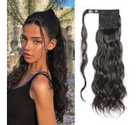 FFWTPY Queue de Cheval Ondulée Enroulable 60cm Cheveux Naturels Extension Capillaire Clip Postiche Volume Épais (Noir)
