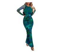 FFWTPY Robe Femme Longue Manches Robes Elegant Robe Bohème Casual Vintage Coupe Slim Longue de Soirée pour Cocktail Party Mariage (Vert/XL)