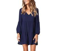 FFWTPY Robe Femme Manches Longues Robes Chic et Elegant Col V Casual T-Shirt Mi Longue Décontracté Couleur Unie Dress au Genou Automne Hiver
