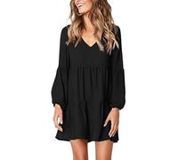FFWTPY Robe Femme Manches Longues Robes Chic et Elegant Col V Casual T-Shirt Mi Longue Décontracté Couleur Unie Dress au Genou Automne Hiver
