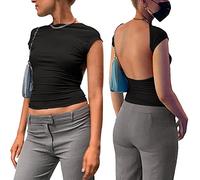 FFWTPY T Shirt Femme à Manches Courtes Dos Nu Crop Top Moulant Tshirt Court Haut Décontracté Col Rond Tee Shirt Mode Été Printemps Casual Streetwear