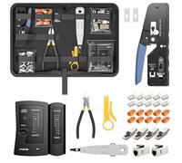 FGB Kit d'outils de sertissage réseau avec 10 fiches RJ45 CAT7 Pass Through, 4 fiches RJ45, 2 coupleurs RJ45, outil de raccordement LSA, pince à dénuder, testeur de réseau pour entretien domestique