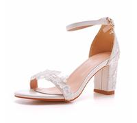 FgdeupY 7CM Talon Épais Faible Bouche Sangle Sandales Dentelle Blanche Mariée Mariage Chaussures Talons Hauts,Blanc,37 EU