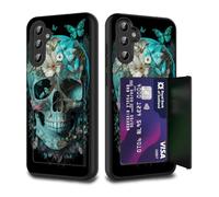 FGDRFGRW Conçu pour Galaxy A25 5G - Porte-cartes de crédit - Double couche hybride antichoc - Protection contre les chutes avec béquille - Coque pour Samsung Galaxy A25 5G, tête de mort, fleur et