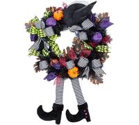 FGHB Couronnes d'Halloween pour porte d'entrée, couronne de sorcière de 24 pouces avec chapeau sorcières jambes citrouille, pour porte, porche, fenêtre, décoration d'Halloween intérieure et extérieure