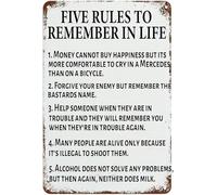 FGHFDHG Five Rules to Remember in Life Plaque en métal vintage avec citations de motivation pour homme, grotte, bar, maison, extérieur et intérieur, 30,5 x 20,3 cm