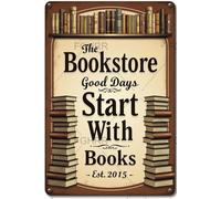 FGHRR The Mysterious Bookstore Good Days Start with Books Est 2015 Panneau mural en métal rétro rouillé 30,5 x 20,3 cm