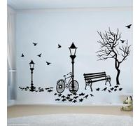 FGJFGGFR Autocollant mural paysage d'automne vélo arbre lampadaire chambre d'enfant feuilles siège oiseau nature noir