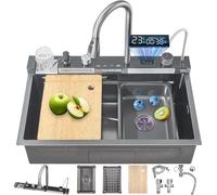 FGNIXLN 85cm Évier de cuisine à cascade intelligent multifonctionnel en acier inoxydable avec robinet intégré à affichage numérique, lave-tasse, distributeur de savon et ensemble d'accessoires d'évier