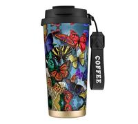 FGPkjh Tasse de voyage en acier inoxydable avec imprimé papillon coloré dessiné à la main pour le bureau, le camping, le café, les boissons