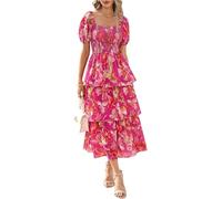 FGQHH Robe d'été à Smocks et col carré for Femme, Manches Courtes Bouffantes, Motif Floral, décontractée, à Volants, à Volants, Fluide, Longue, for invité de Mariage(Red,Small)