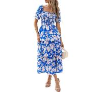 FGQHH Robe d'été à Smocks et col carré for Femme, Manches Courtes Bouffantes, Motif Floral, décontractée, à Volants, à Volants, Fluide, Longue, for invité de Mariage(Blue,Small)