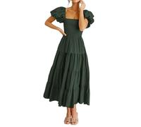 FGQHH Robe d'été décontractée à Volants bouffants et Manches Courtes for Femmes, col carré, smockée et Volants étagés(Green,X-Large)