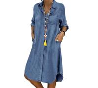 FGQHH Robe en Jean for Femme, Style décontracté, Ample, Manches Longues, Classique, Vintage, boutonnée, avec Poches, Collection Printemps-été(Blue,X-Large)