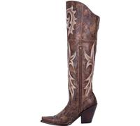 FGRID Bottes de Cow-Girl à Hauteur de Genou pour Femmes, Bottes mi-Mollet Vintage à Bout carré et Talon épais, Bottes de Chevalier en Cuir d'hiver à Fermeture éclair latérale en détresse,Marron,36