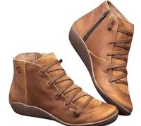 FGRID Bottines à Lacets pour Femmes, Bottines à Talon Plat, Bottines en Cuir à Lacets Solides, Bottines Courtes Chaudes d'hiver à Fermeture éclair latérale pour l'automne,Marron,38