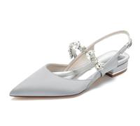 FGRID Chaussures plates de mariage en satin avec strass et bout fermé pour femme, chaussures de mariée sexy à talon bas avec bride à la cheville, robe de bal de fin d'année,Argent,40