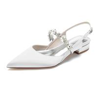 FGRID Chaussures plates de mariage en satin avec strass et bout fermé pour femme, chaussures de mariée sexy à talon bas avec bride à la cheville, robe de bal de fin d'année,Blanc,40