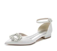FGRID Chaussures plates de mariée à bout pointu pour femmes, escarpins de mariage à bout fermé avec strass brillants, sandales robe de bal à talons bas et bride à la cheville,Blanc,42