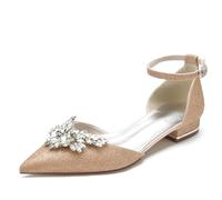 FGRID Chaussures plates de mariée à bout pointu pour femmes, escarpins de mariage à bout fermé avec strass brillants, sandales robe de bal à talons bas et bride à la cheville,D'or,40