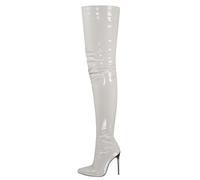 FGRID Cuissardes en cuir verni pour femmes, talons aiguilles sexy au-dessus du genou, bottes longues de soirée à bout pointu en PU avec fermeture éclair latérale grande taille,Blanc,44