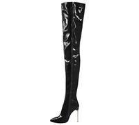 FGRID Cuissardes en cuir verni pour femmes, talons aiguilles sexy au-dessus du genou, bottes longues de soirée à bout pointu en PU avec fermeture éclair latérale grande taille,Noir,36