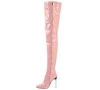 FGRID Cuissardes en cuir verni pour femmes, talons aiguilles sexy au-dessus du genou, bottes longues de soirée à bout pointu en PU avec fermeture éclair latérale grande taille,Rose,46