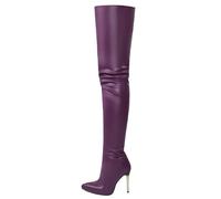 FGRID Cuissardes en cuir verni pour femmes, talons aiguilles sexy au-dessus du genou, bottes longues de soirée à bout pointu en PU avec fermeture éclair latérale grande taille,Violet,44