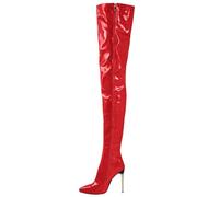 FGRID Cuissardes en cuir verni pour femmes, talons aiguilles sexy au-dessus du genou, bottes longues de soirée à bout pointu en PU avec fermeture éclair latérale grande taille,Rouge,44