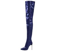 FGRID Cuissardes en cuir verni pour femmes, talons aiguilles sexy au-dessus du genou, bottes longues de soirée à bout pointu en PU avec fermeture éclair latérale grande taille,Bleu,44
