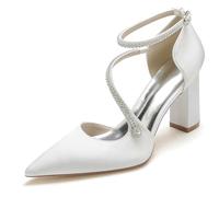 FGRID Escarpins de Mariage à Talons Hauts épais pour Femmes, Chaussures de mariée à Bout Pointu avec Strass découpés sur Le côté Sandales de soirée Robe de Bal,Blanc,38