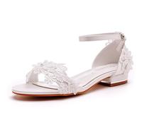 FGRID Sandales de Mariage à Talons Bas épais pour Femmes, Sandales de mariée Sexy à Bout Ouvert en Dentelle Blanche, Sandales d'été en Satin avec Boucle de Cheville Dolly,Ivoire,41