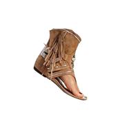 FGRID Tongs à Pampilles pour Femmes, Sandales Plates à Bout clipsé en Daim, Sandales de Plage à Franges Montantes d'été,Marron,43