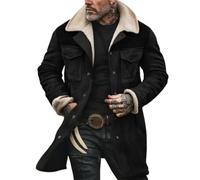 FGRID Veste Vintage en Faux Daim pour Homme, Manteaux de Cow-Boy Western à col en Peluche, Manteaux de Moto Longs et épais à Poches Multiples,Noir,L